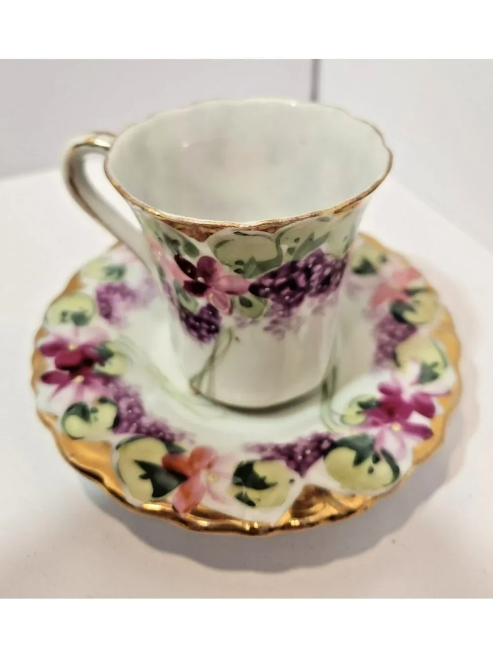 Antique Hand Painted Chocolate Cups w/Saucers Pink/Purple Violets Moriage Set 3